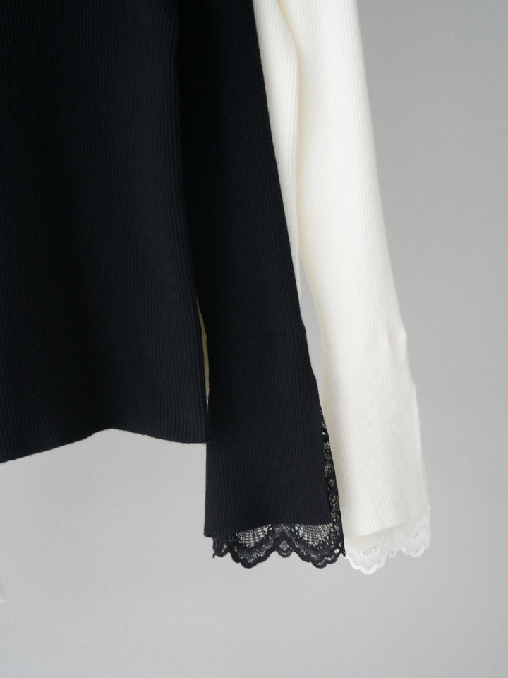 [SET]袖スカラップレースオフネックニットトップス+グログランテープストライプサロペット(2set)