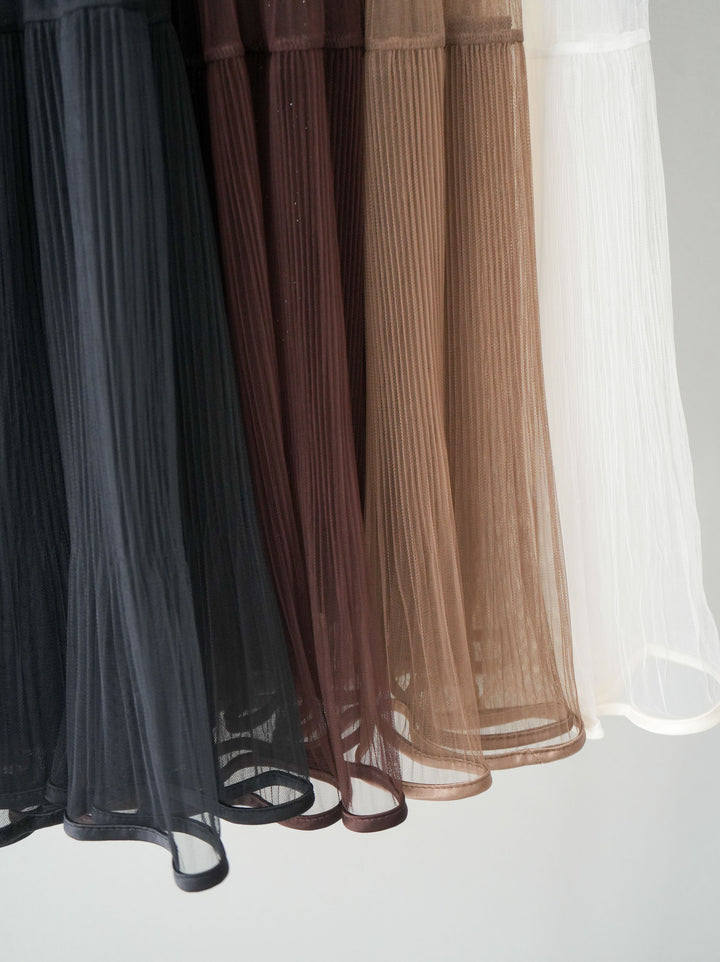 [SET]レースレイヤードデニム開襟シャツ+ラメプリーツレイヤードチュールロングスカート(2set)