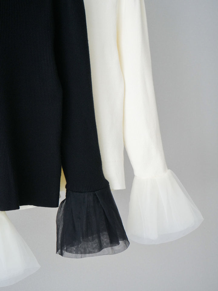 [SET]袖チュールパワショルリブニットトップス+サテンベルトタックワイドパンツ(2set)