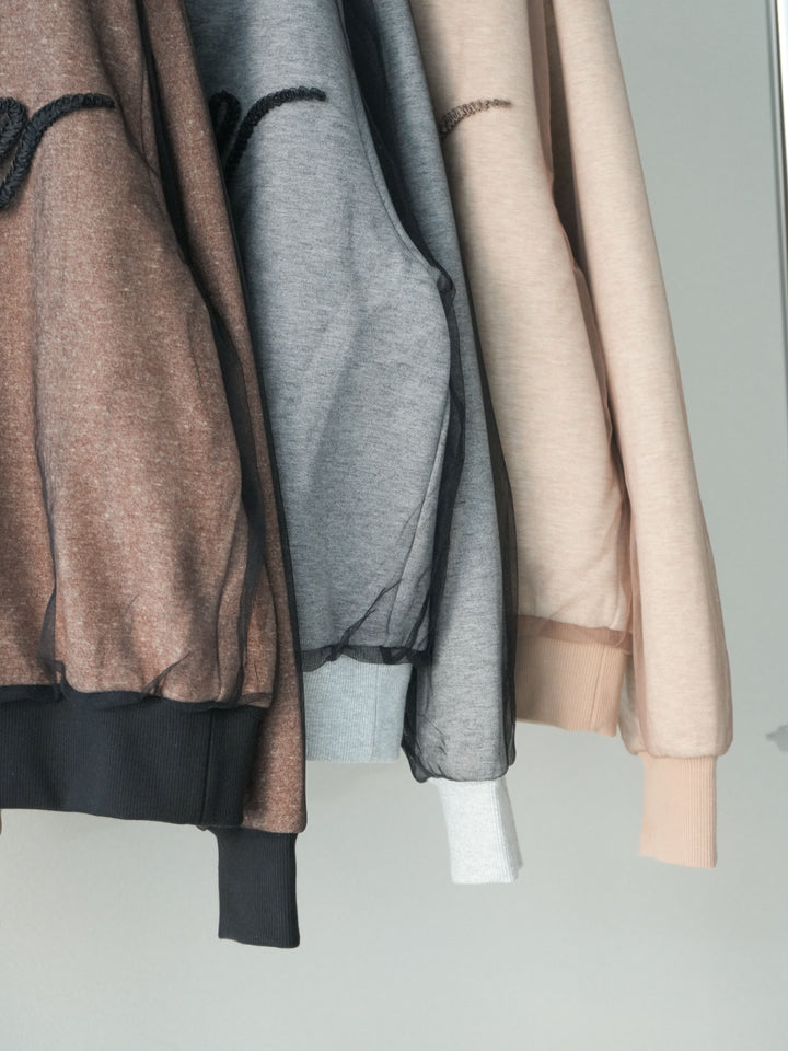 [SET]チュールレイヤードロゴスエットプルオーバー+サテンプリーツマキシスカート(2set)