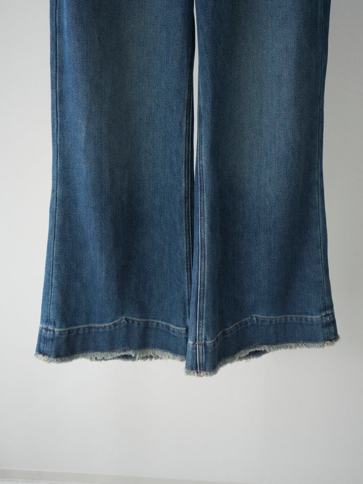 [SET]フロントリボン配色メローニットカーディガン+裏起毛裾フリンジワイドデニムパンツ(2set)