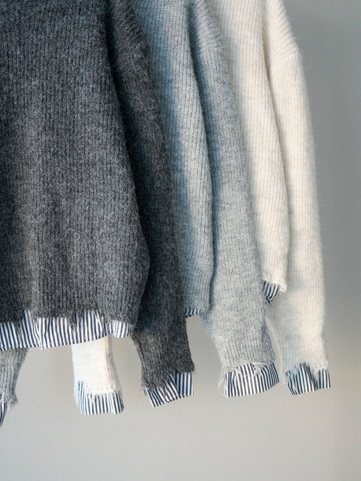 [SET]裾シャツレイヤードダメージニットプルオーバー+裾シャツレイヤードダメージニットプルオーバー(2set)