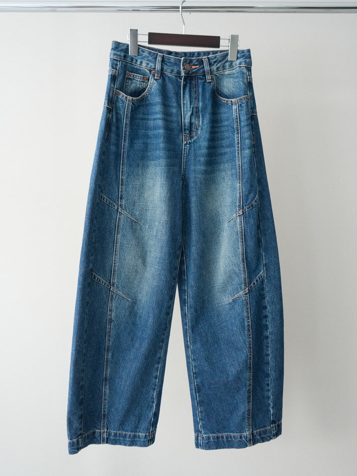 [SET]ランダムボーダーニットカーディガン+デザインステッチカーブデニムパンツ(2set)