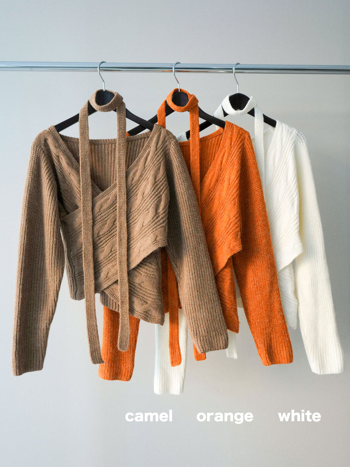 [SET]ケーブル編みクロスニットトップス+チュールボリュームスカート(2set)