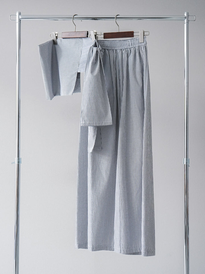 [SET]ビスチェデザインTシャツ+ウエスト巻きストライプイージーパンツ(2set)