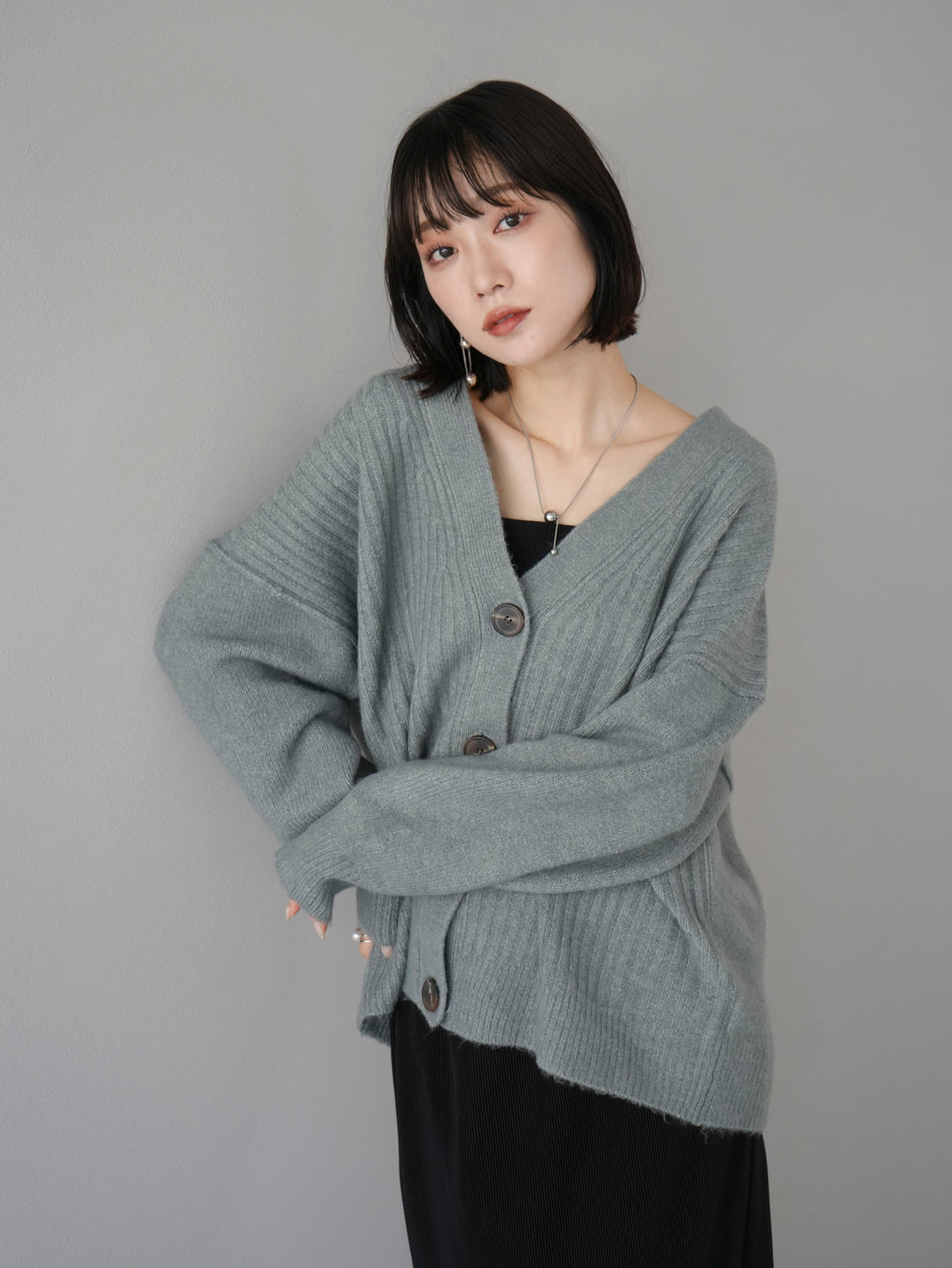 [Pre-order] Wide rib knit cardigan/grayish green