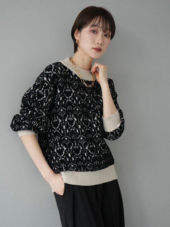 [Pre-order] Different material color combination knit pullover/Black