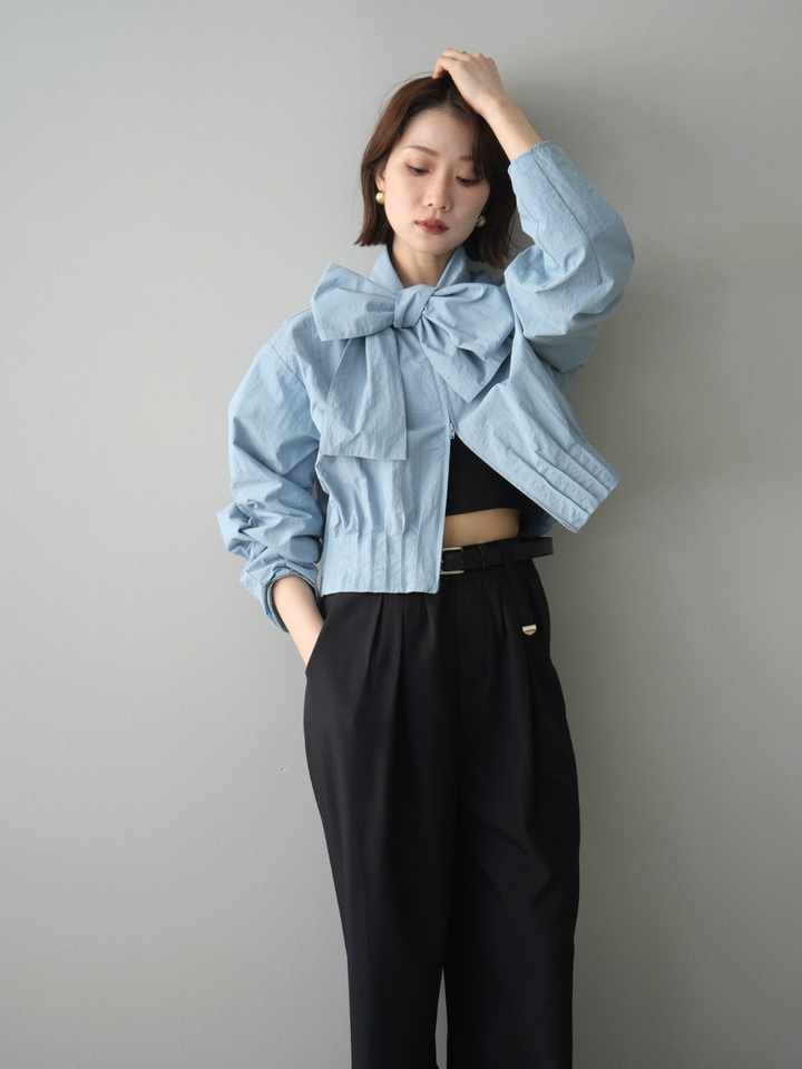 [SET]ボウタイ裾プリーツライトジャケット+ベルト付キーホルダーモチーフワイドパンツ(2set)