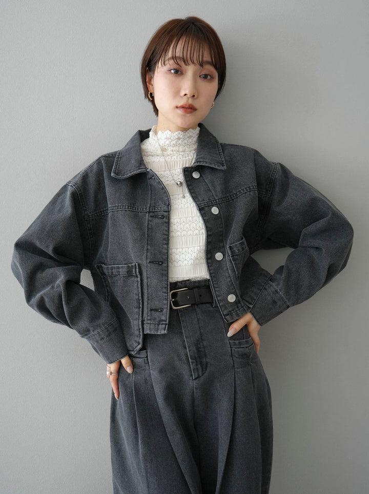 [Pre-order] Denim design pocket short denim jacket/black