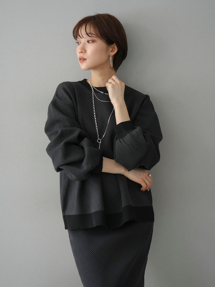 [Pre-order] Geometric pattern polyester over knit pullover/black