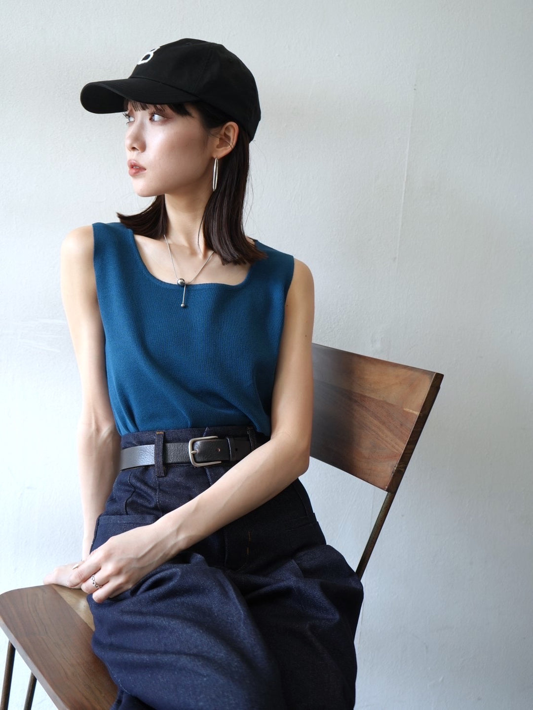 Square Summer Knit Tank Top/Blue