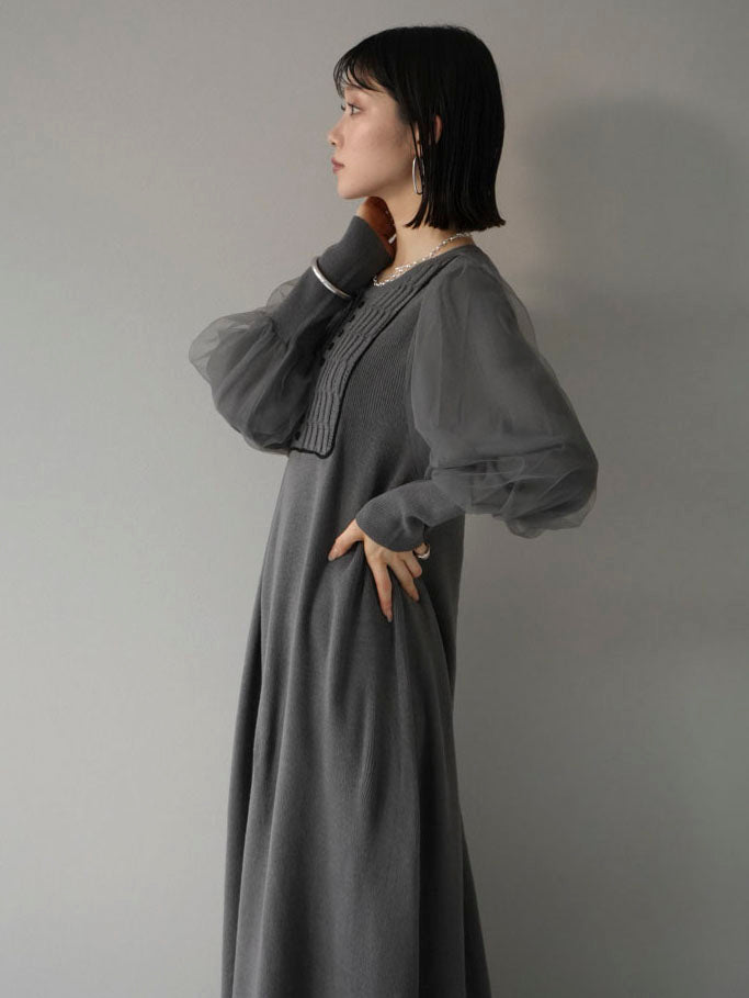 [Pre-order] Tulle layered sleeve color combination knit dress/gray