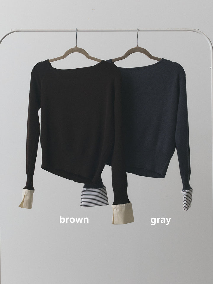 【Allure】[SET]シャツカフスフロントスリットニットプルオーバー+ウールライクストライプワイドパンツ(2set)