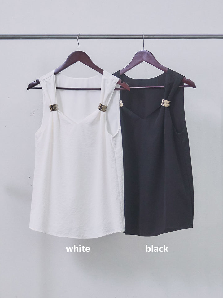 【Allure】[SET]メタルモチーフノースリーブブラウス+ウエストフリンジカットオフカーブデニムパンツ(2set)