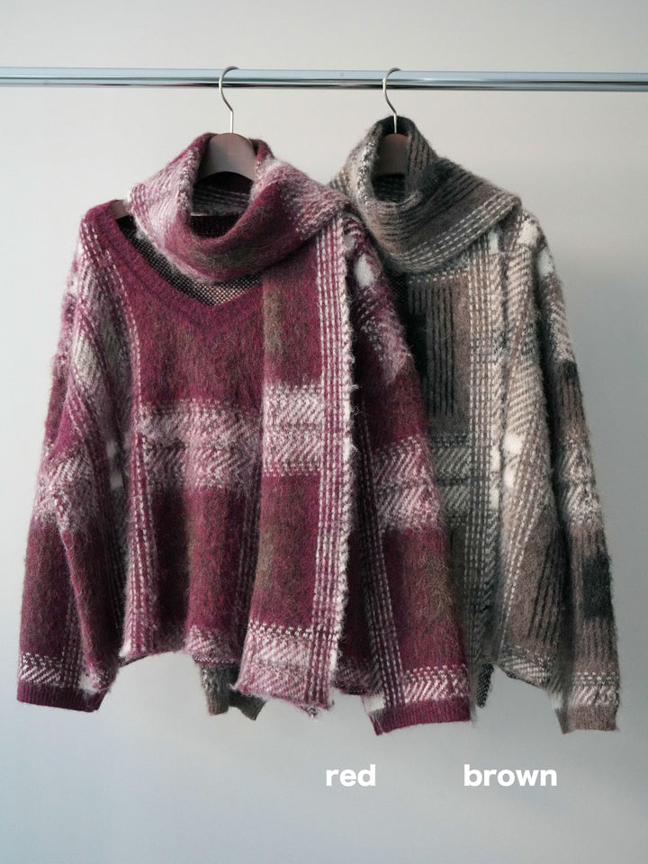 [SET]ストール付シャギーチェックニットプルオーバー+チュールボリュームスカート(2set)