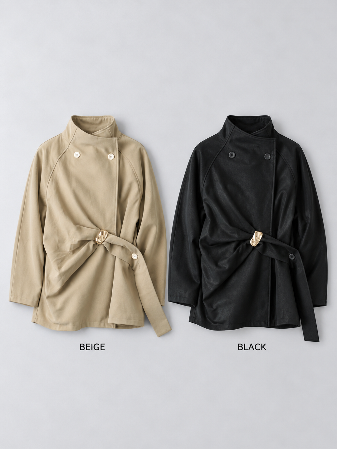 [SET]メタルモチーフレザータッチアシメジャケット+リブモックネックニットトップス+ツイルタックワイドパンツ(3set)