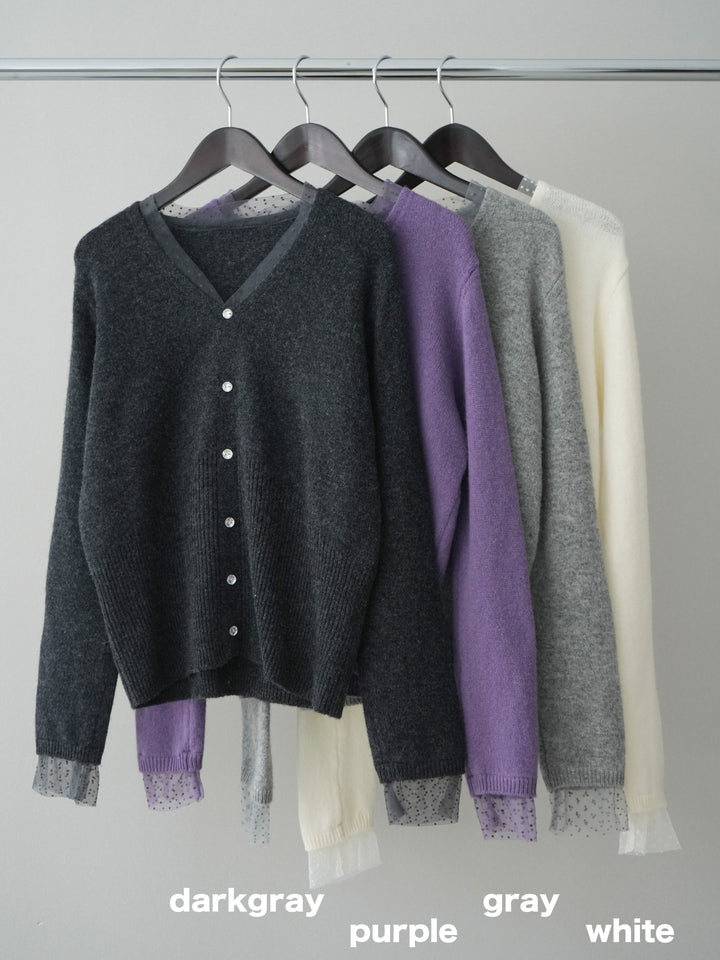 [SET]ドットチュールレイヤードボタンニットトップス+テープベルトタックバギーパンツ(2set)