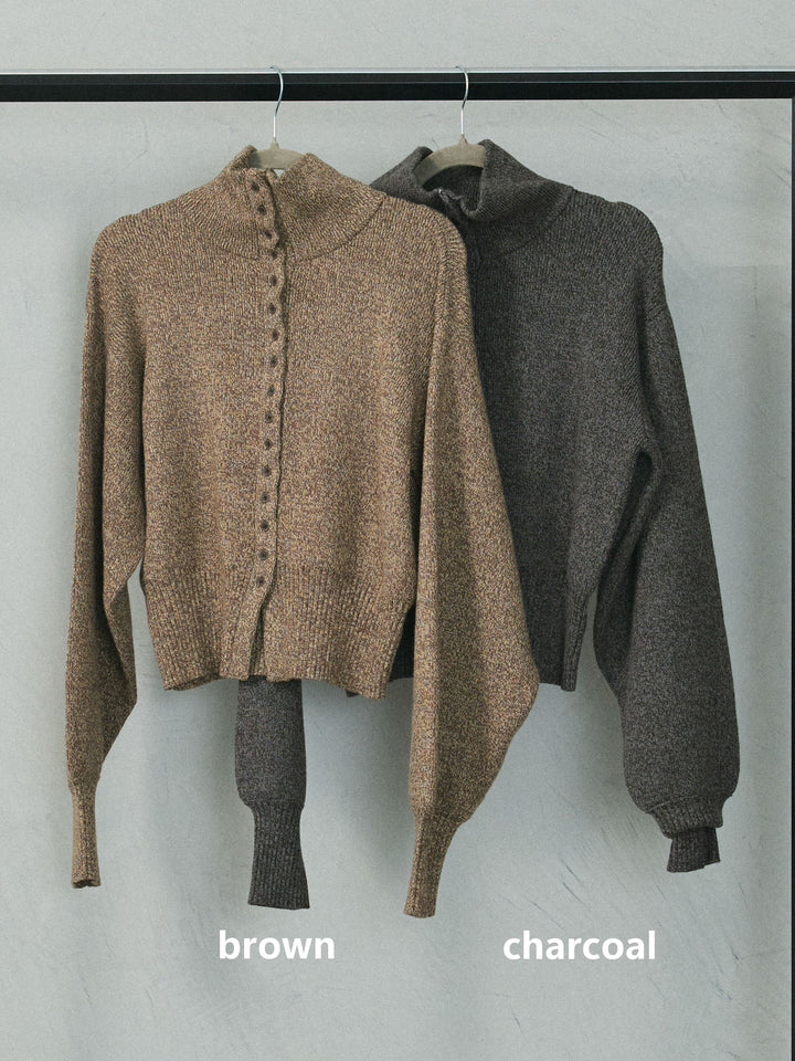 【Allure】[SET]ミックスハイネックカーディガン+杢チェックタックパンツ(2set)