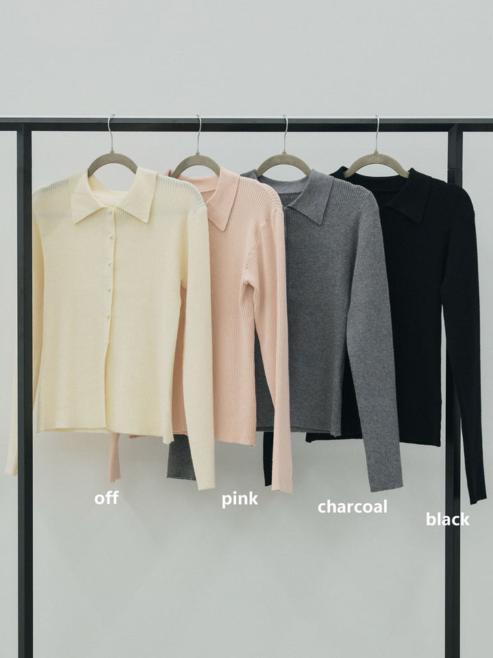 【Allure】[SET]くるみボタンポロリブニットトップス+くるみボタンポロリブニットトップス(2set)