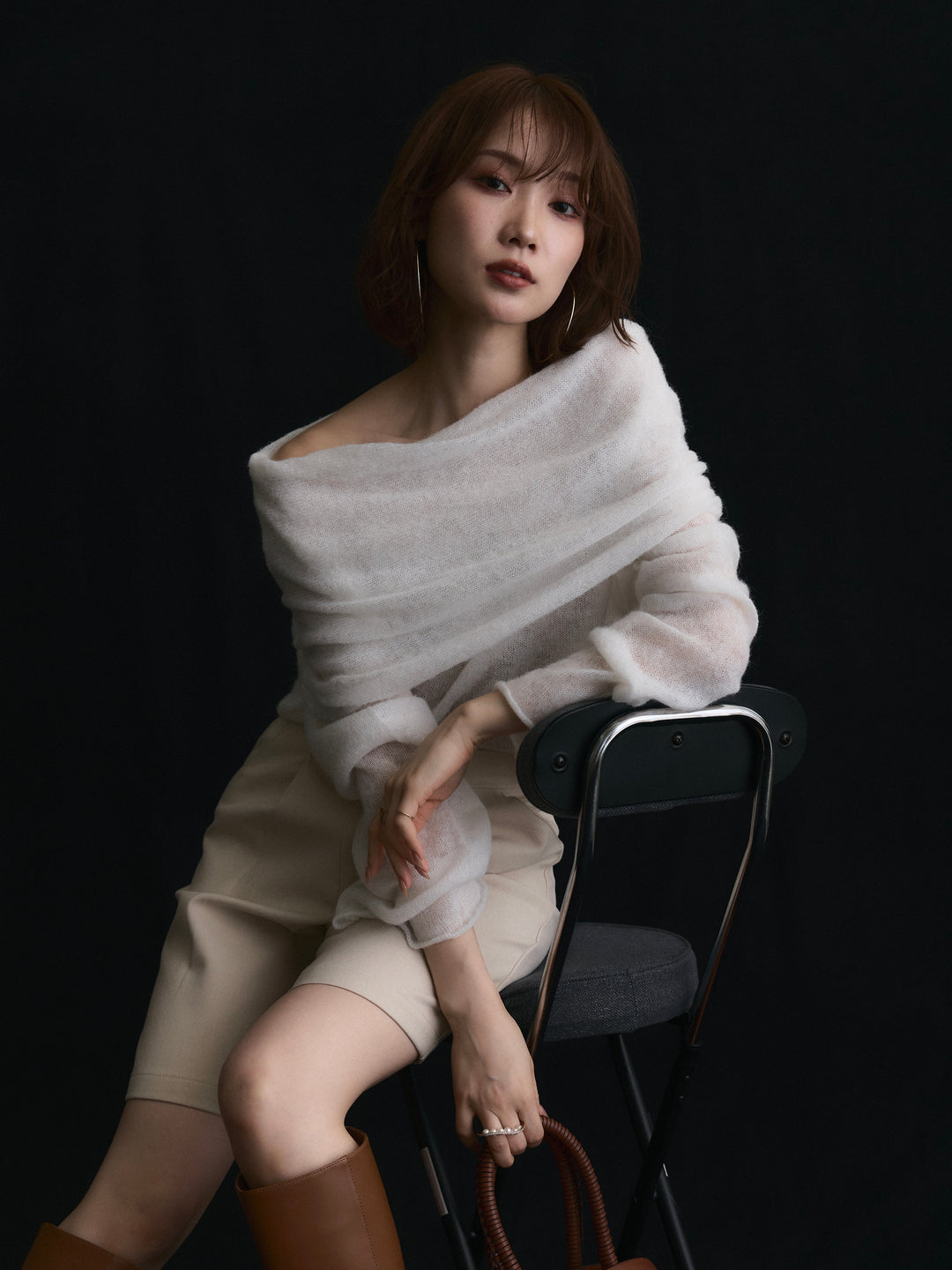 【Allure】[SET]オフショルシアーニットプルオーバー+ウールライクハーフパンツ(2set)