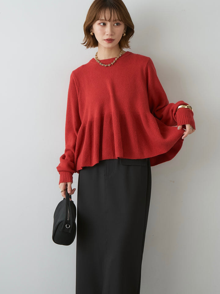 [SET]ペプラムニットプルオーバー+クレープデシンフラップ付きストレートスカート(2set)