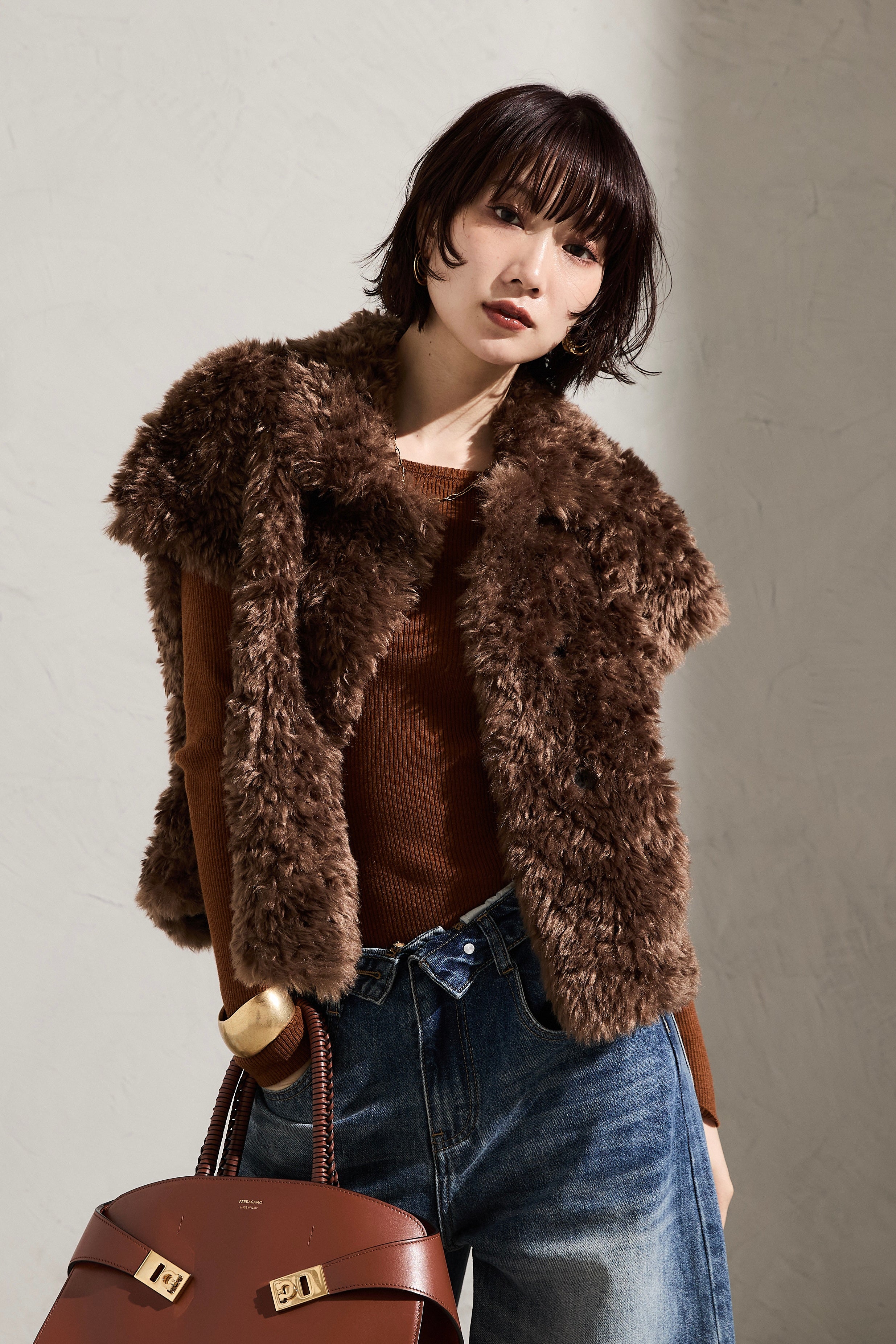 STRUM ファーベスト size M 予約]フェイクファーベスト/camel – Lumier