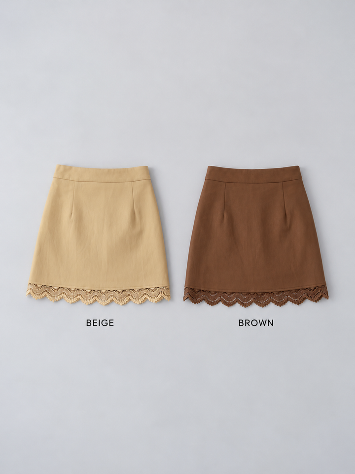 [SET]ケープドッキングデザインリブクルーネックニットトップス+レースヘムレザーライクミニスカート(2set)