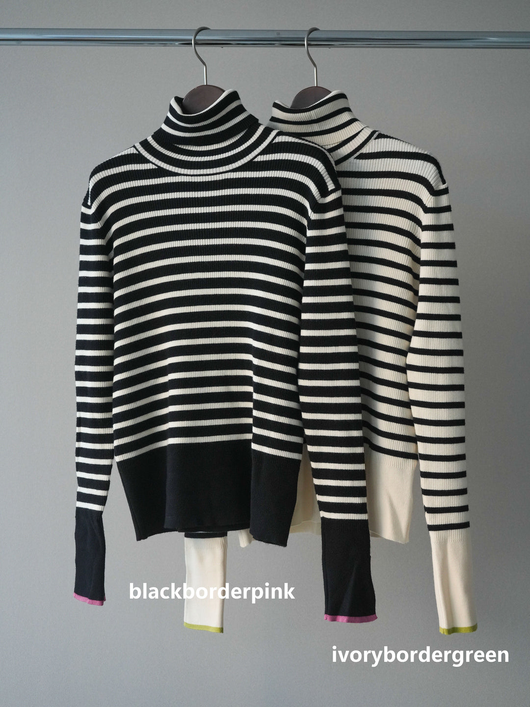 [SET]袖配色ハイネックボーダーリブニットトップス+ベルト付き裏起毛ワイドパンツ(2set)