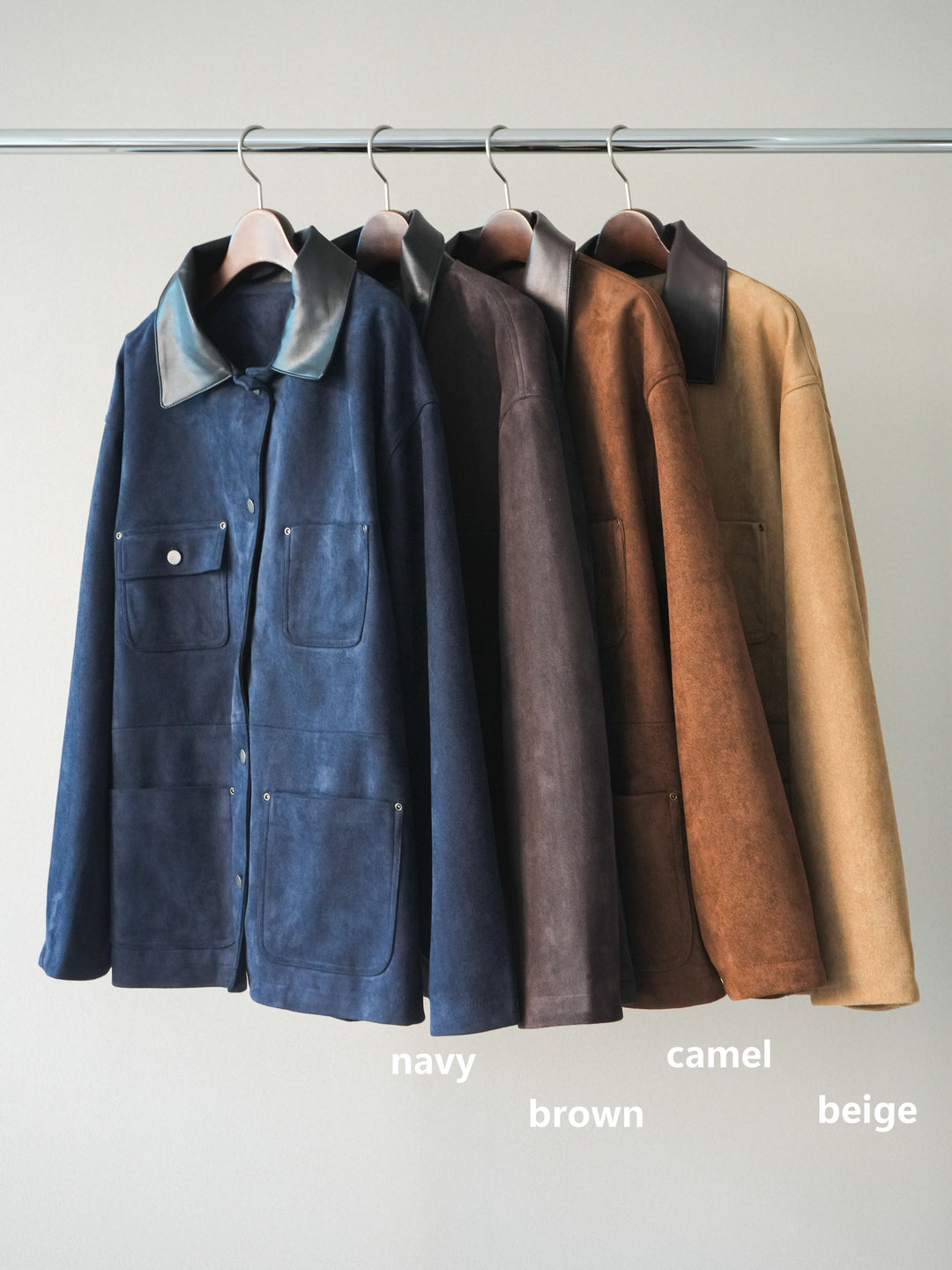 [SET]襟レザーステンカラースエードジャケット+袖ボタンボトルネックリブニットトップス+ベルトループデザインワイドパンツ(3set)