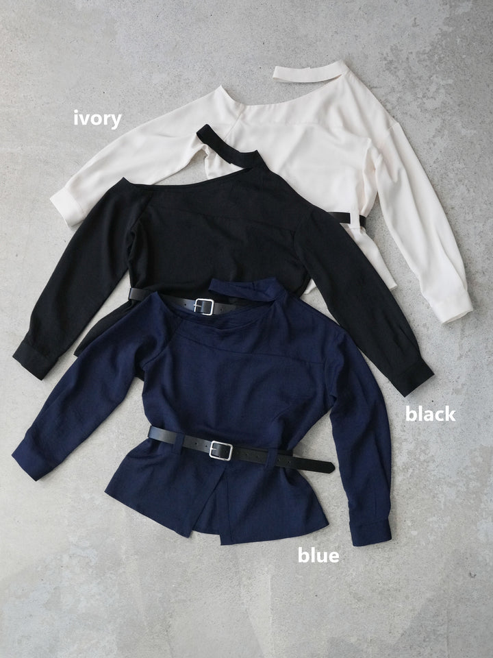 [SET]ベルト付ワンショルダースリットブラウス+ベルト付ワンショルダースリットブラウス(2set)