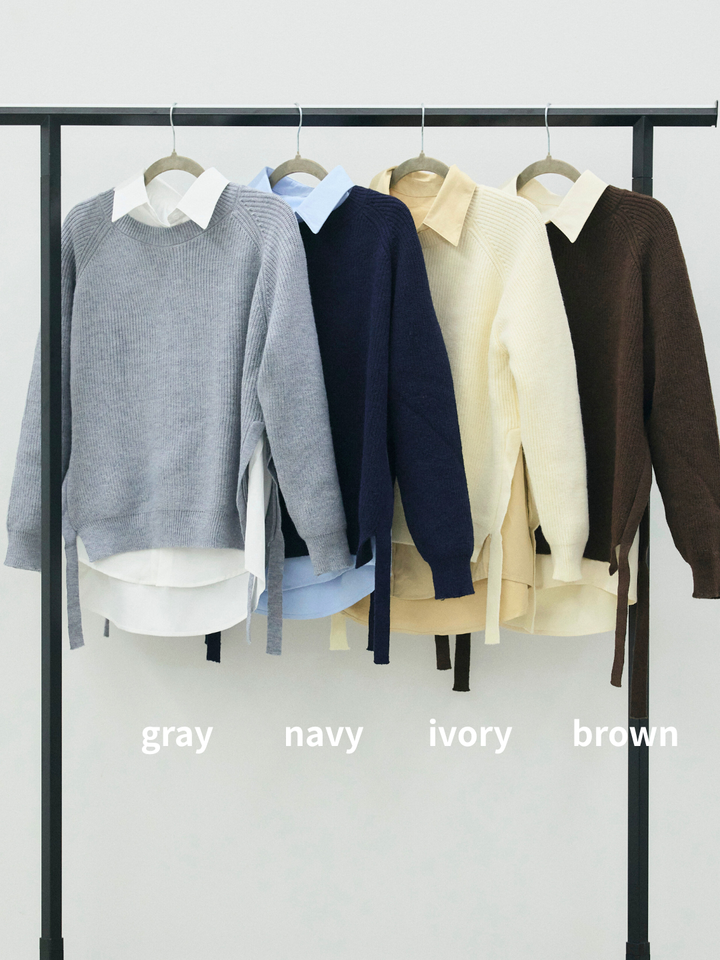 【Allure】[SET]サイドスリット畦編みニットプルオーバーシャツアンサンブル+サイドスリット畦編みニットプルオーバーシャツアンサンブル(2set)