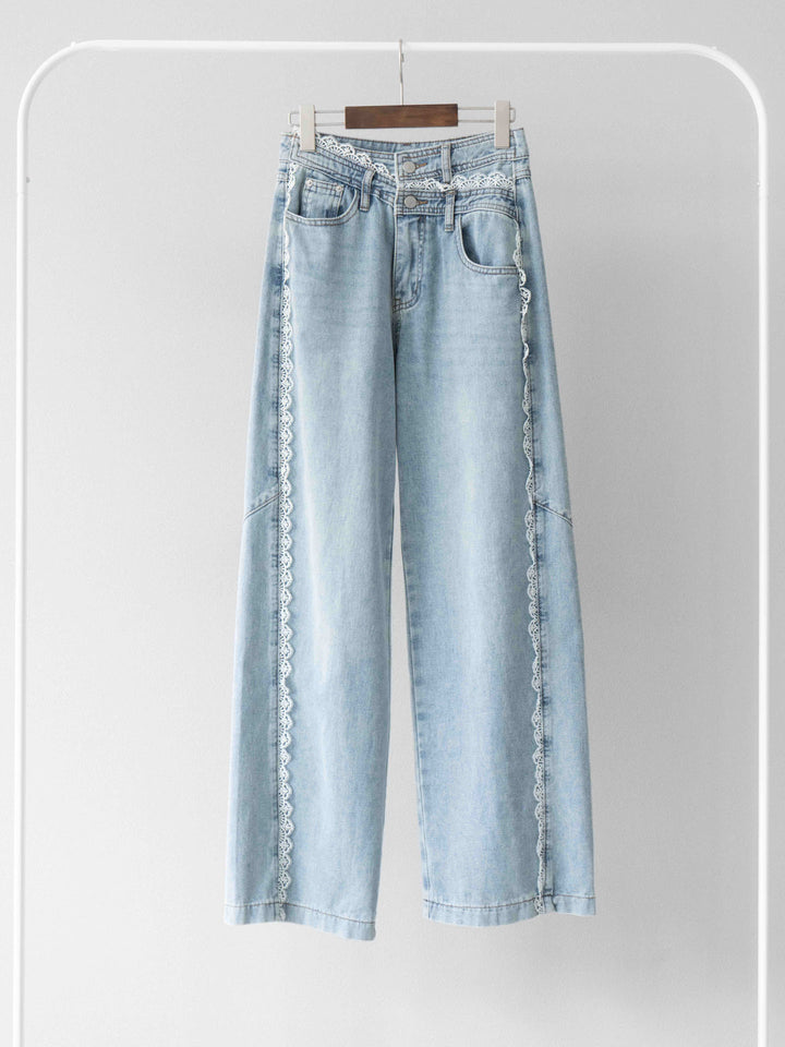 [SET]ステッチシアーレイヤードデザインブラウス+ラインレースデニムパンツ(2set)