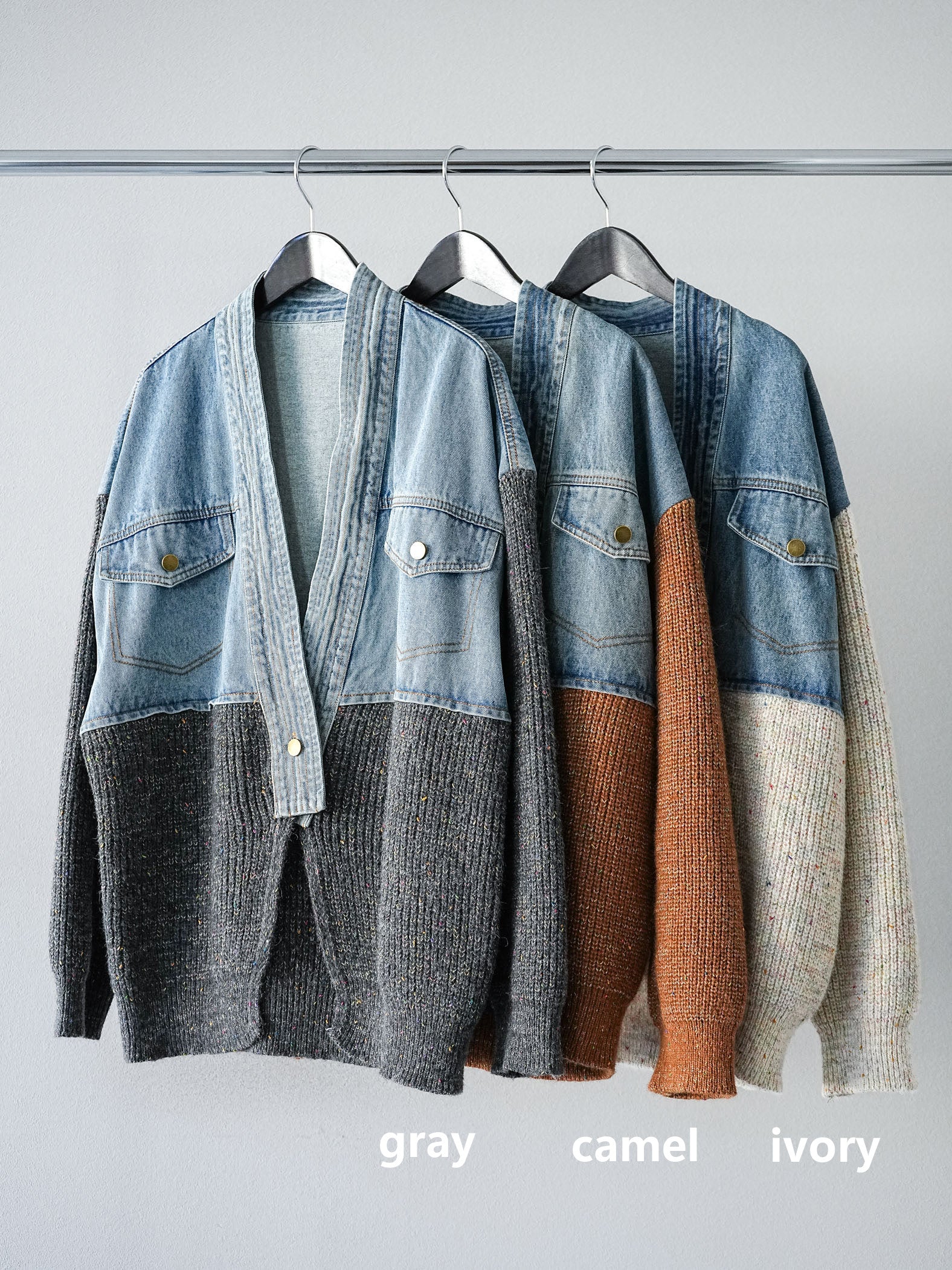 【2点セット】lumier デニムニットカーデ+裾レーススカート SET]デニム切替ネップニットカーディガン+裾レーススウェードプリーツ