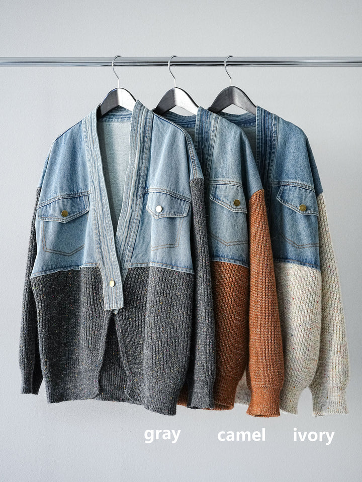 [SET]デニム切替ネップニットカーディガン+裾レーススウェードプリーツマキシスカート(2set)