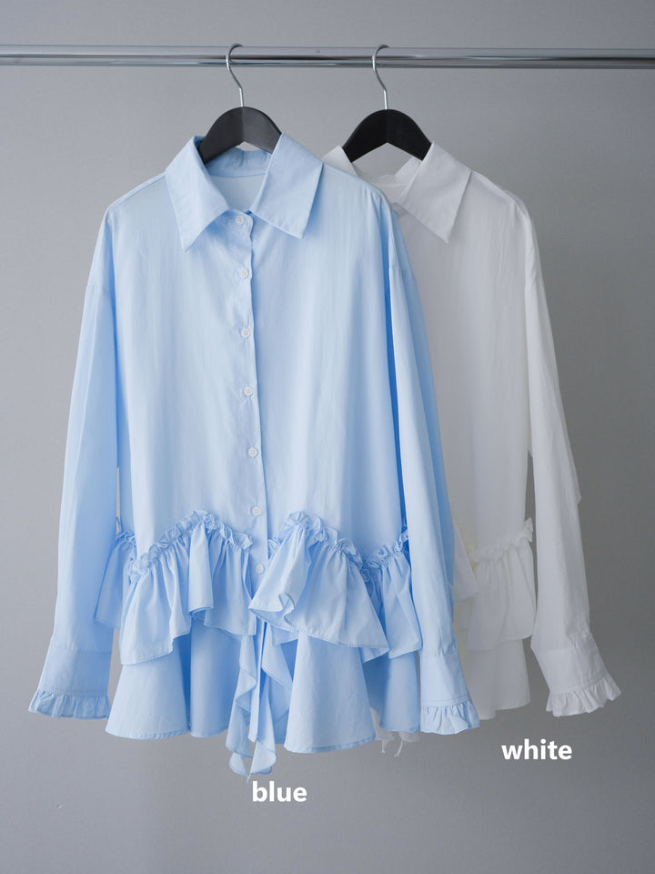 [SET]ラッフルデザインティアードブラウス+ハイウエストフレアデニムパンツ(2set)