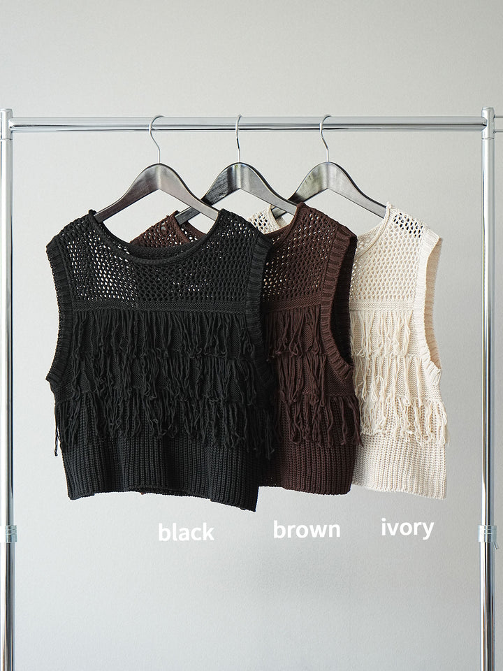 [SET]透かし編みフリンジニットトップス+コード刺繍チュールレイヤードパンツ(2set)