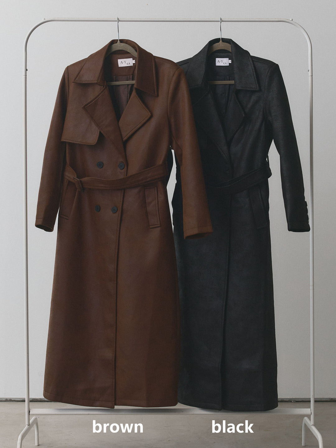 【Allure】[SET]デザインリブハーフニットトップス+ヴィンテージレザートレンチコート(2set)