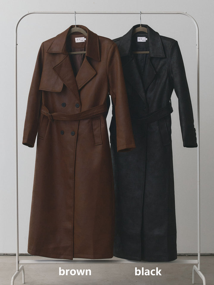 【Allure】[SET]デザインリブハーフニットトップス+ヴィンテージレザートレンチコート(2set)