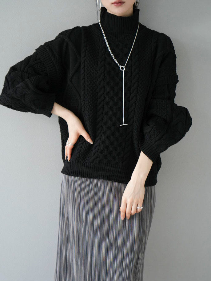 予約]ポリエステルケーブルハイネックニットプルオーバー/ブラック