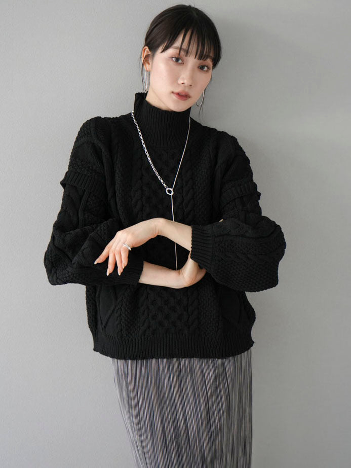 予約]ポリエステルケーブルハイネックニットプルオーバー/ブラック