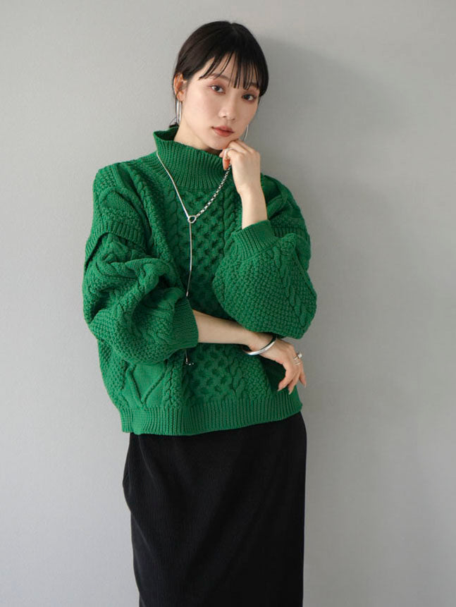 予約]ポリエステルケーブルハイネックニットプルオーバー/グリーン