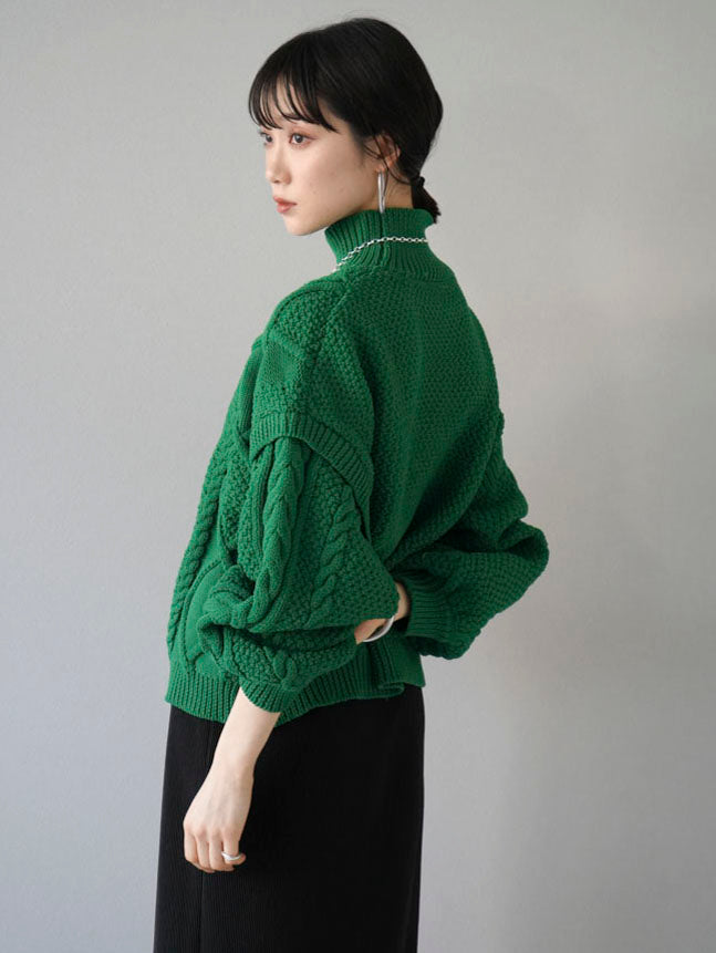 予約]ポリエステルケーブルハイネックニットプルオーバー/グリーン