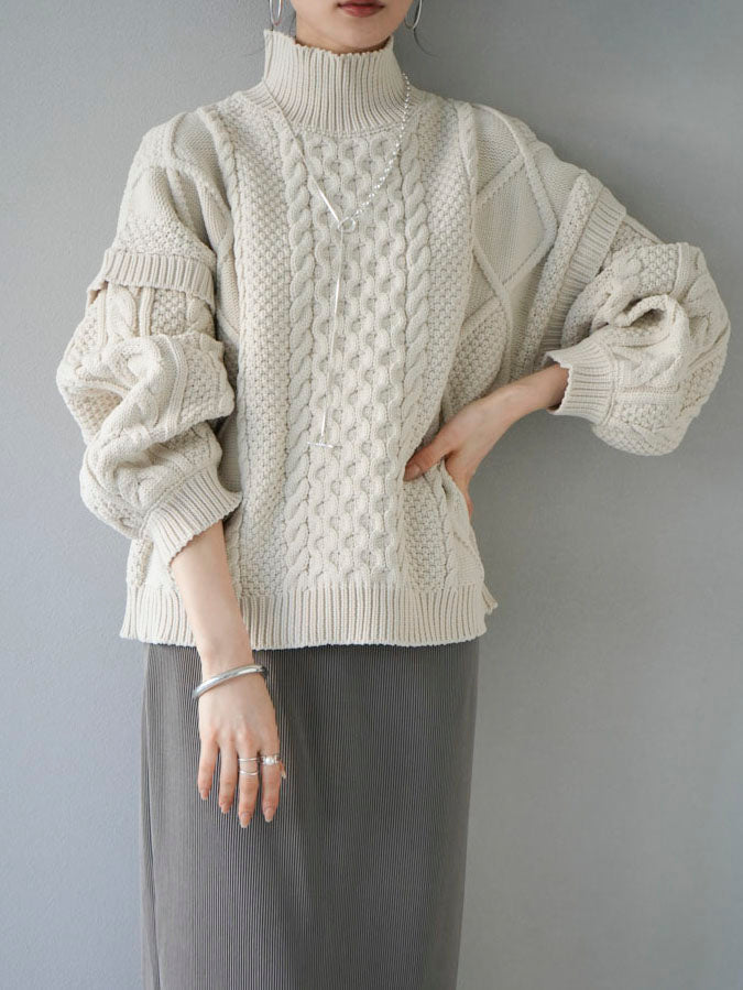 予約]ポリエステルケーブルハイネックニットプルオーバー/アイボリー