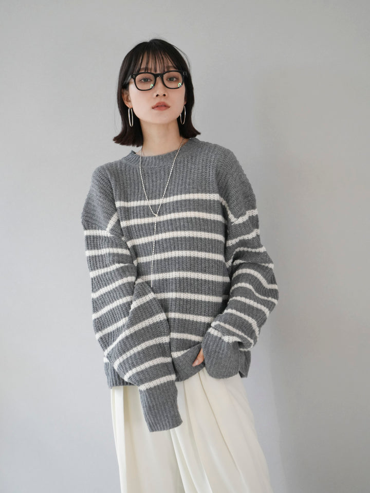[Pre-order] Fingerhole Rib-knit Border Knit Pullover/Gray x Off