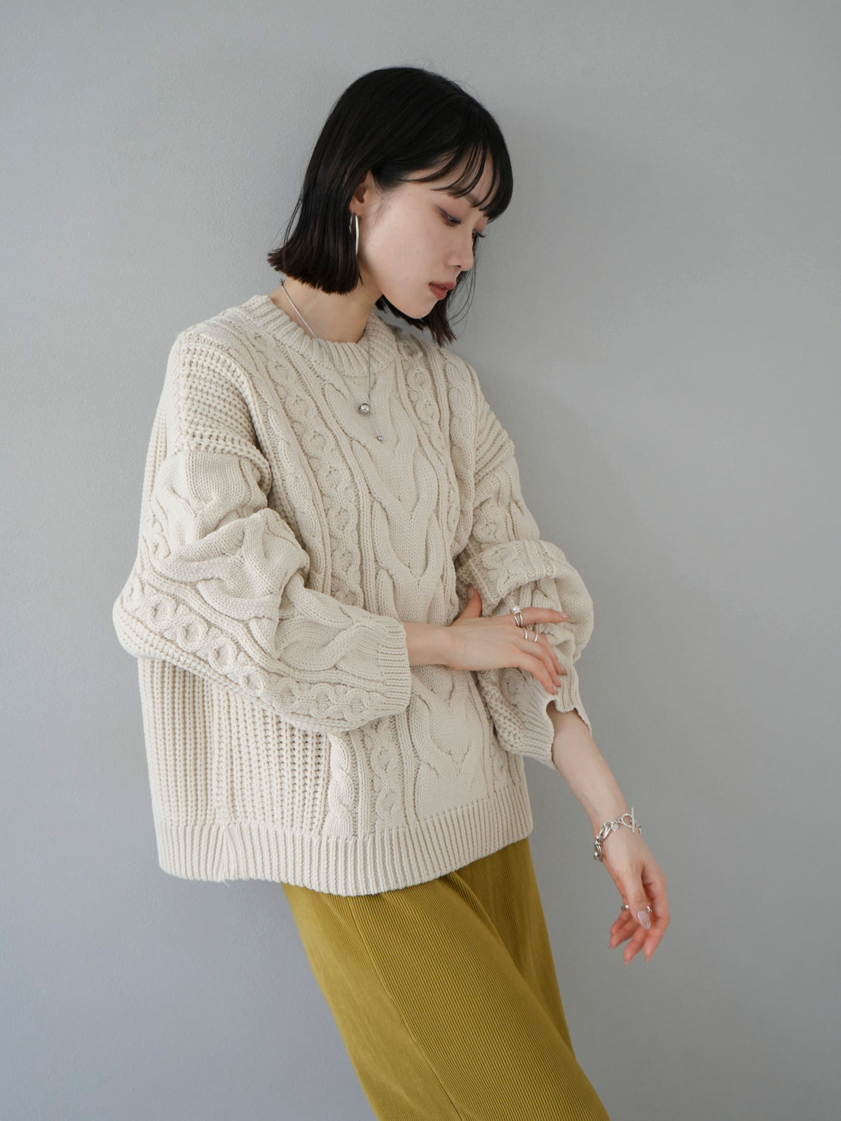 MARKAWARE アイボリー リブ編みニット 予約]ミックスケーブルポリエステルニットプルオーバー/アイボリー