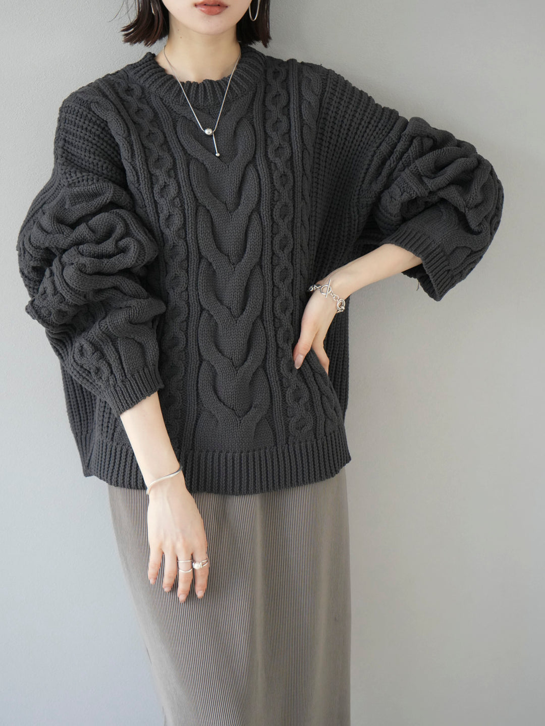 [Pre-order] Mixed Cable Polyester Knit Pullover/Smoke Black