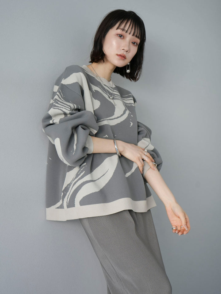 【預訂】大理石紋聚酯針織套頭衫/灰色