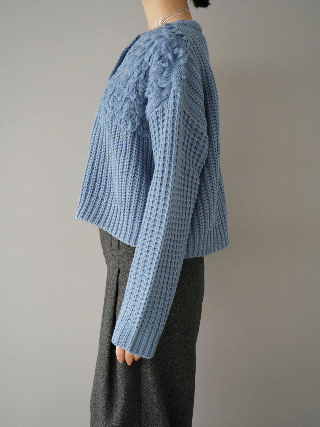 [預訂] 毛圈混合針織開襟衫/藍色