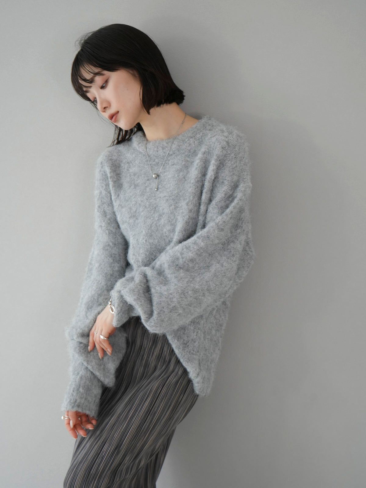 Pre-order] Wool blend mohair touch shaggy knit pullover/gray – Lumier