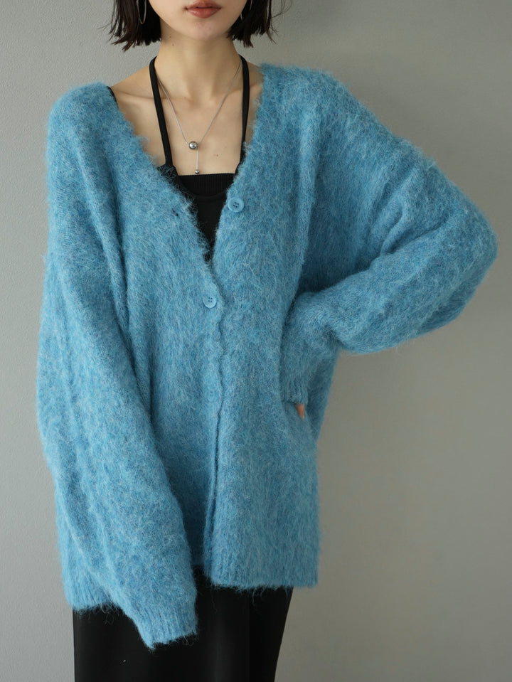 【預訂】羊毛混紡馬海毛毛茸茸針織開襟衫/藍色
